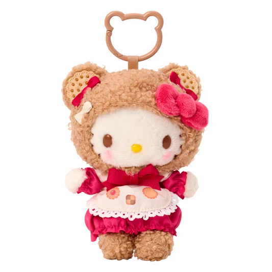 Sanrio Hello Kitty Cookie Bear plush bag charm in a red outfit with a sweets-print apron, red bows and bear-shaped clip.