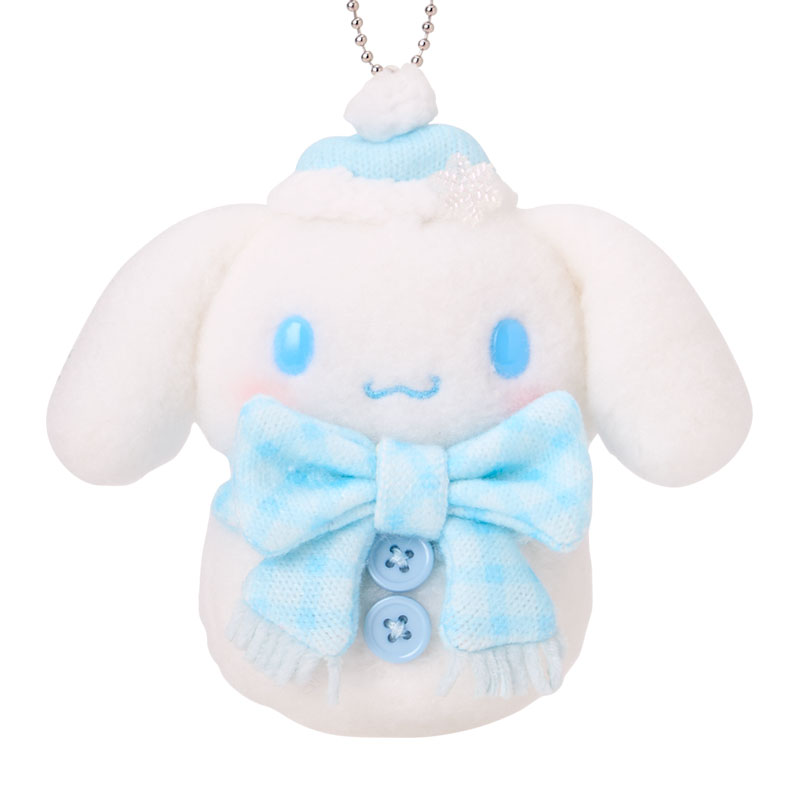 Cinnamoroll snowman plush bag charm with long white ears, a blue winter hat, blue checked scarf and two blue buttons.