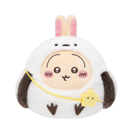 Chiikawa Usagi Shima Enaga bird plush with tall rabbit ears, dark wings and a yellow star-shaped bag.