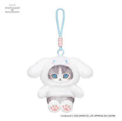 Mofusand cat plush mascot in a white Cinnamoroll costume with long ears and a blue hanging loop.