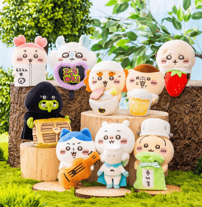 Chiikawa character plush hangers with food and accessory designs