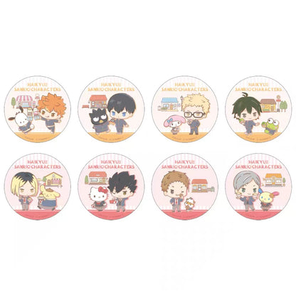 Haikyu and Sanrio crossover character pairs on round collectible pin badges