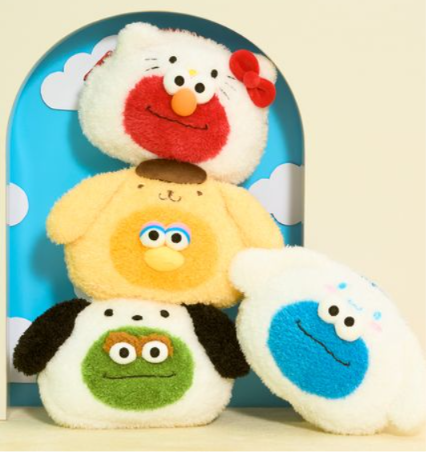 Sanrio plush storage pouch with Hello Kitty, Pompompurin, and Cinnamoroll designs