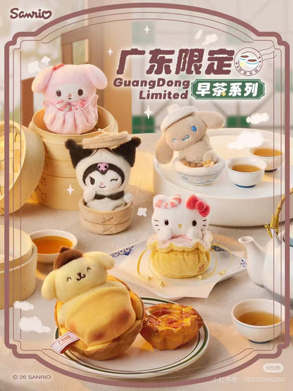 Sanrio dim sum mascot charm set - Hello Kitty, My Melody, Cinnamoroll, Pompompurin and Kuromi in yum cha outfits