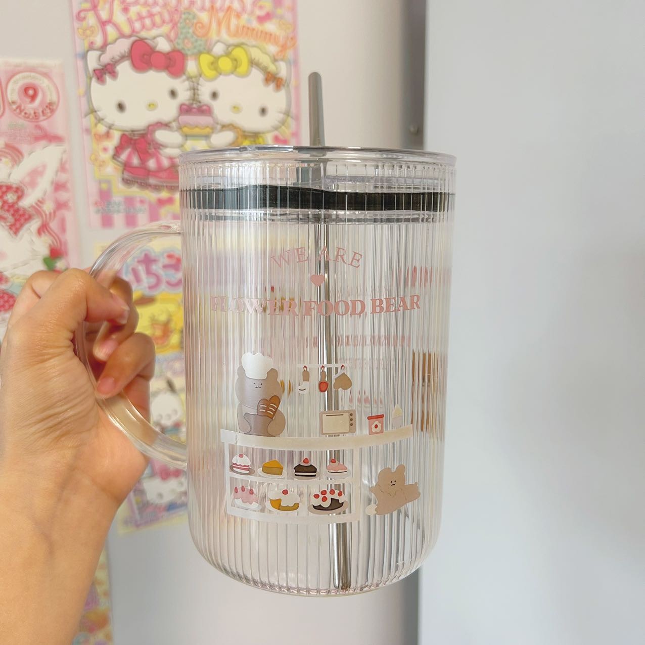 Large Capacity Teddy Bear Glass Cup with Straw
