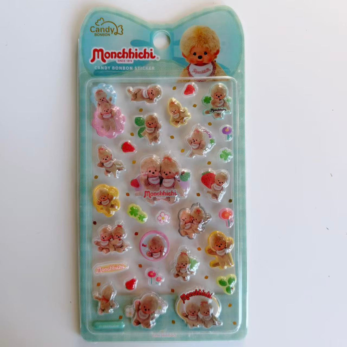 Monchhichi Candy BONBON 3D sticker sheet in mint packaging with Monchhichi characters, strawberries, clovers and flowers.