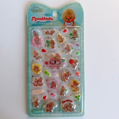 Monchhichi Candy BONBON 3D sticker sheet in mint packaging with Monchhichi characters, strawberries, clovers and flowers.