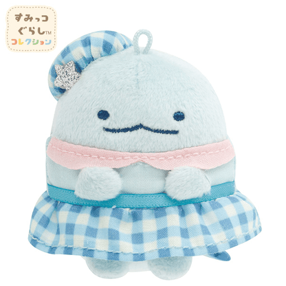 Tokage Dreamy beanbag plush in a blue gingham dress and beret, with a pink collar.