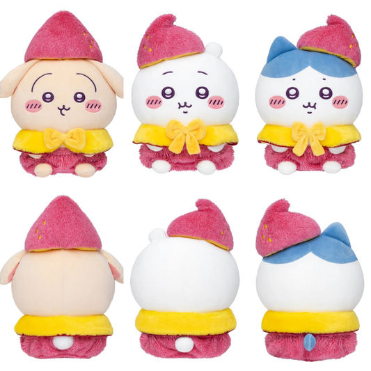Chiikawa Kawagoe Sweet Potato plush collection showing front and back views of Usagi, Chiikawa and Hachiware in pink outfits and yellow capes.