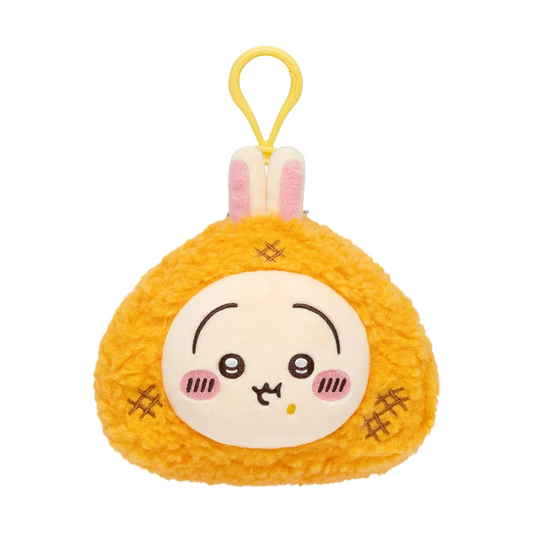 Chiikawa Usagi grilled onigiri plush bag charm with a golden triangular rice ball costume, embroidered grill marks and yellow hook.