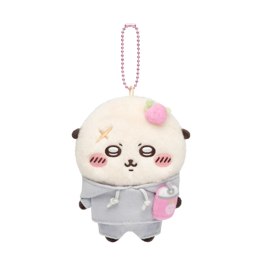 Chiikawa Rakko plush bag charm in a grey hoodie and pants, with a pink strawberry on his head, a pink drink can and pink ball chain.