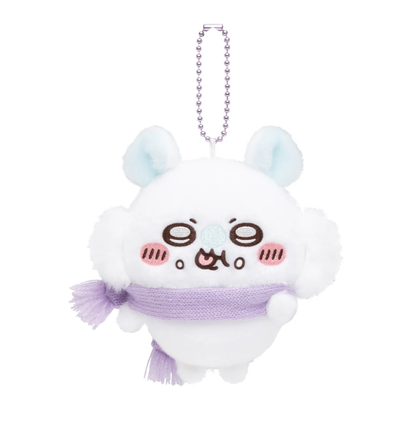 Momonga plush bag charm wearing a purple scarf, with a drooling expression, raised paw and purple ball chain.