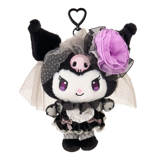 Sanrio Kuromi Gothic plush bag charm with a purple rose, lace veil, black-and-white outfit and black heart-shaped clip.