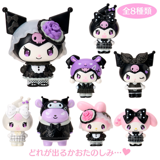 Sanrio Makkuro Kuromi Mode blind box figure collection showing eight designs of Kuromi, My Melody and Baku in black, white, purple and pink outfits.