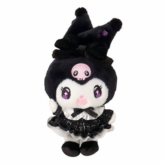 Sanrio Kuromi plush bag charm with tied ears, a black bow, purple heart embroidery and a black dress with white frills.