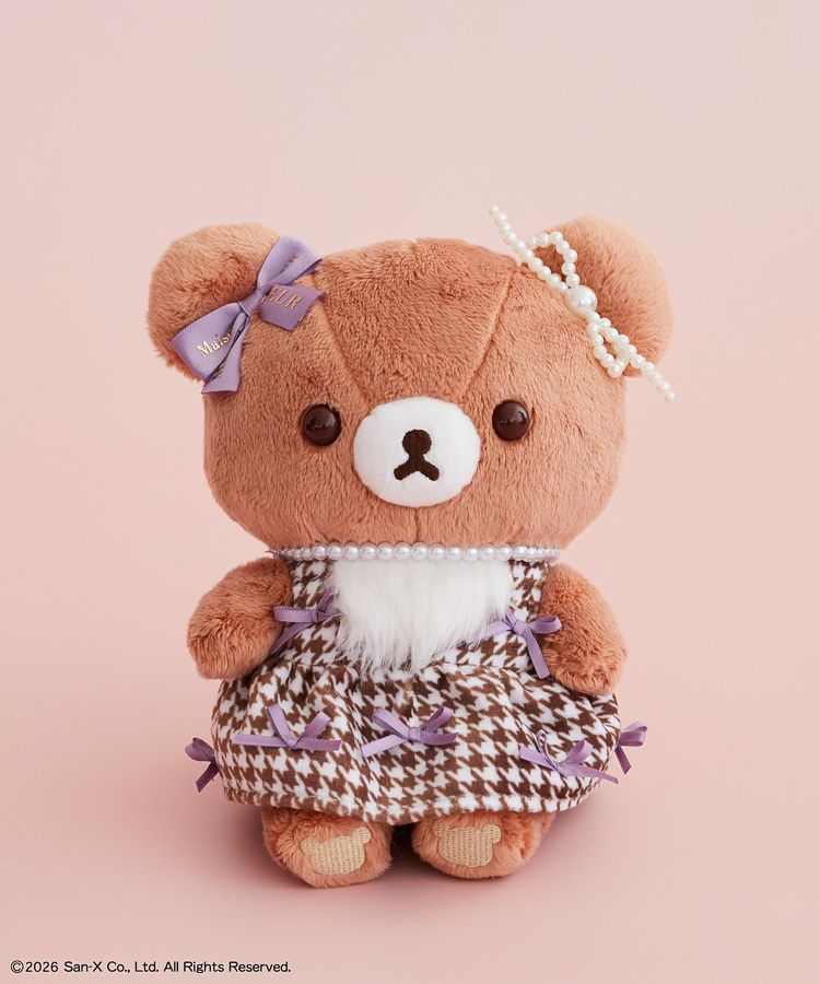 Chairoikoguma x Maison de FLEUR S plush wearing a brown houndstooth dress with lavender ribbons, pearl-like ear decoration and a white chest tuft.