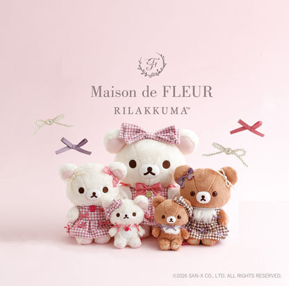 Rilakkuma x Maison de FLEUR 2026 collection displayed together, with Korilakkuma and Chairoikoguma bag charms, dressed plush toys and a larger Korilakkuma special plush.