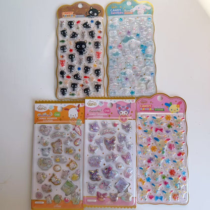 Five Sanrio Candy BONBON 3D sticker sheets displayed together, featuring Chococat, Cinnamoroll, Pochacco, Kuromi and Usahana in colourful packaging.