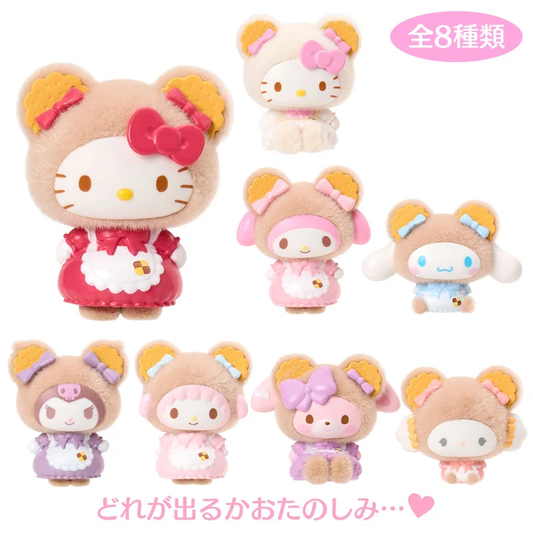 Sanrio Cookie Bear blind box figure collection showing eight designs with bear hoods, cookie-shaped ears, bows and colourful outfits.
