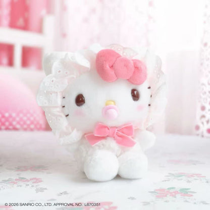 Hello Kitty baby pacifier plush with white lace bonnet and pink bows