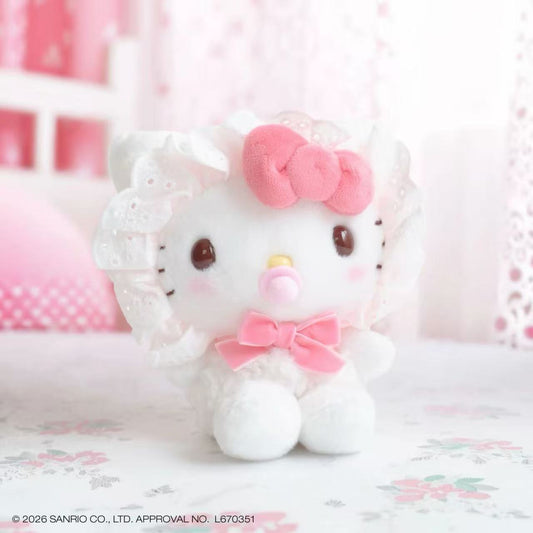 Hello Kitty baby pacifier plush with white lace bonnet and pink bows