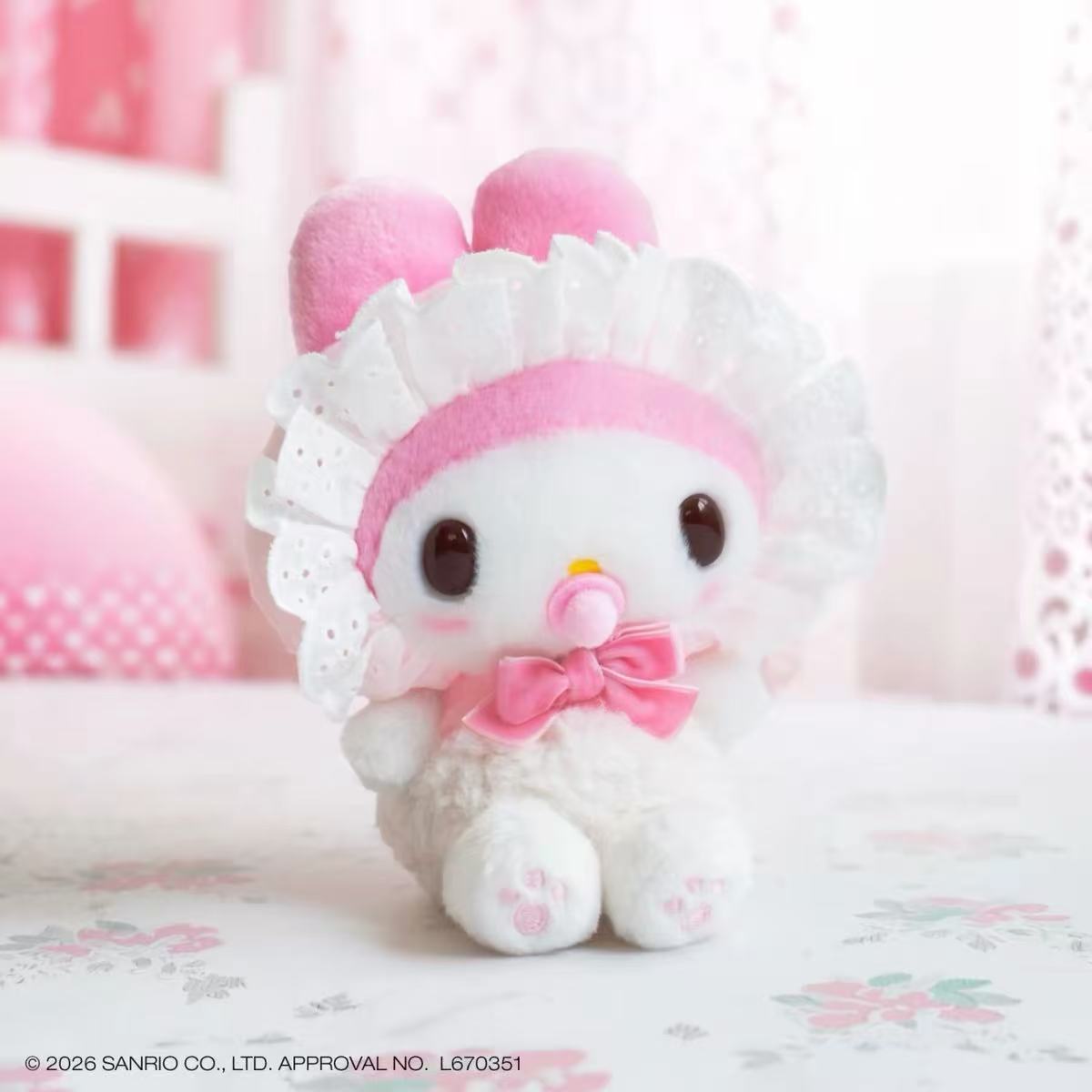 My Melody baby pacifier plush with white lace bonnet and pink bow
