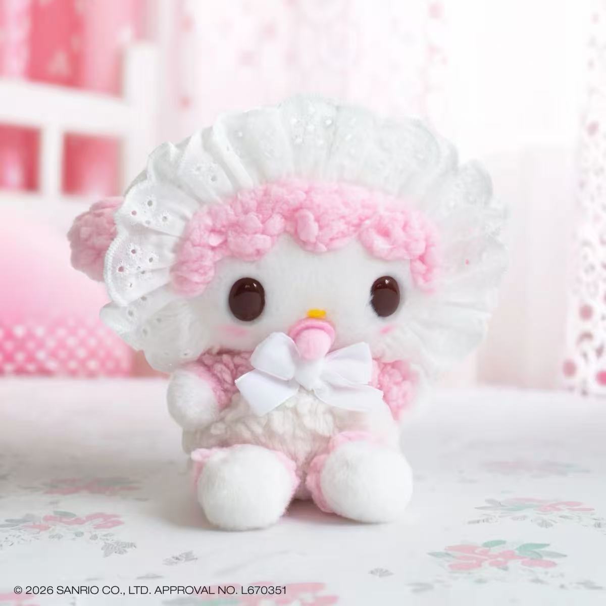 My Sweet Piano baby pacifier plush with pink fleece, white lace bonnet and white bow