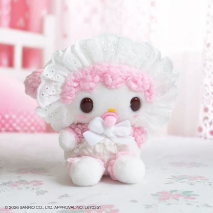 My Sweet Piano baby pacifier plush with pink fleece, white lace bonnet and white bow