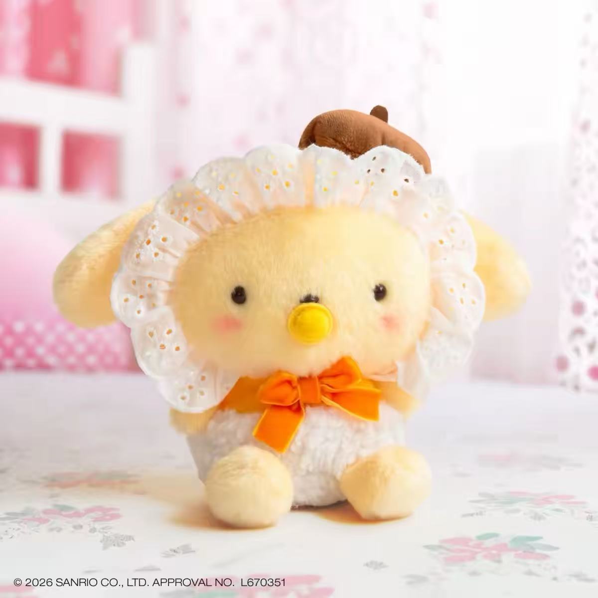 Pompompurin baby pacifier plush with white lace bonnet and orange bow