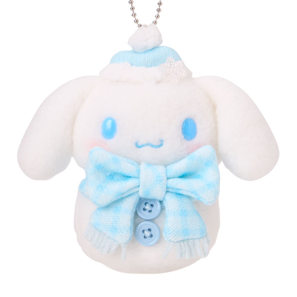 Cinnamoroll snowman plush bag charm with long white ears, a blue winter hat, blue checked scarf and two blue buttons.