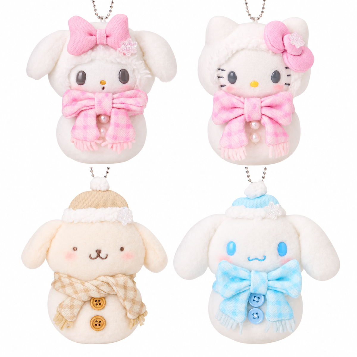 My Melody, Hello Kitty, Pompompurin and Cinnamoroll snowman plush bag charm collection displayed together with pink, beige and blue scarves.
