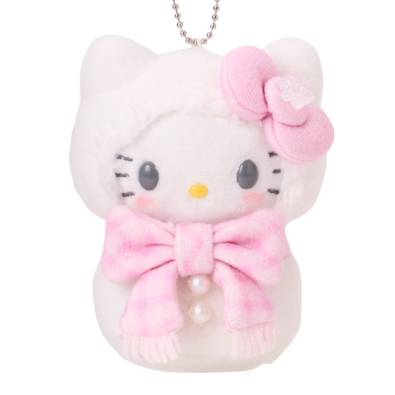 Hello Kitty snowman plush bag charm with a pink head bow, pink checked scarf and pearl-like buttons.