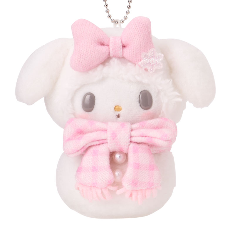 My Melody snowman plush bag charm with a pink bow, pink checked scarf, pearl-like buttons and a silver-coloured ball chain.