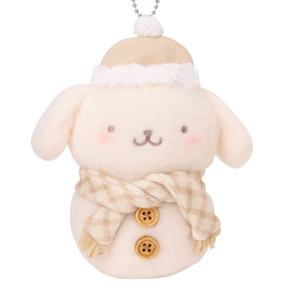 Pompompurin snowman plush bag charm wearing a cream winter hat and beige checked scarf with two brown buttons.