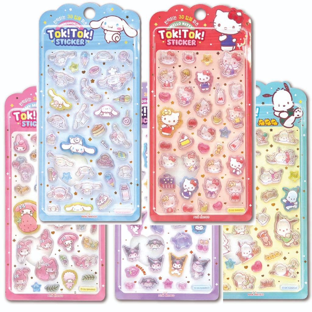 Sanrio Pink Mango Tok!Tok! 3D sticker collection with Cinnamoroll, Hello Kitty, My Melody, Kuromi and Pochacco sheets displayed together.