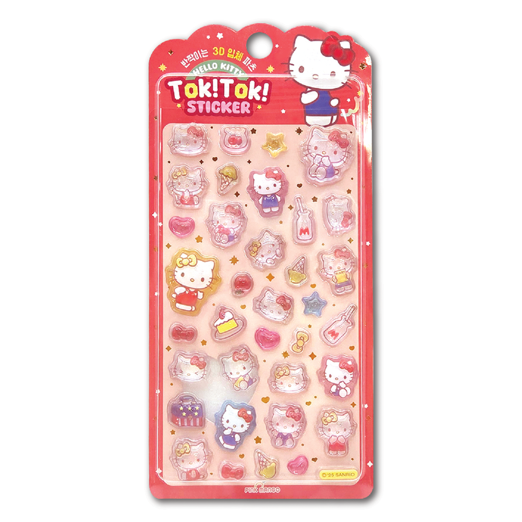 Hello Kitty Tok!Tok! 3D sticker sheet in red packaging with Hello Kitty, bows, sweets, stars and musical instruments.