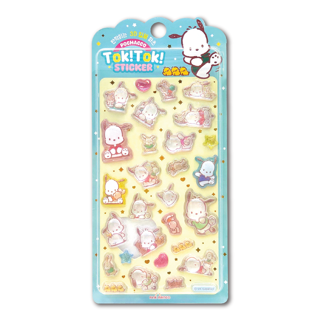 Pochacco Tok!Tok! 3D sticker sheet in turquoise packaging with Pochacco poses, teddy bears, hearts and stars.
