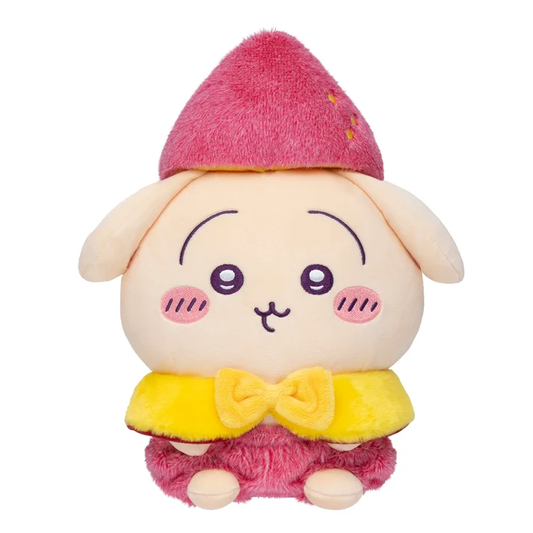 Chiikawa Usagi Kawagoe Sweet Potato plush with a pink hat and outfit, floppy ears and a yellow cape and bow.